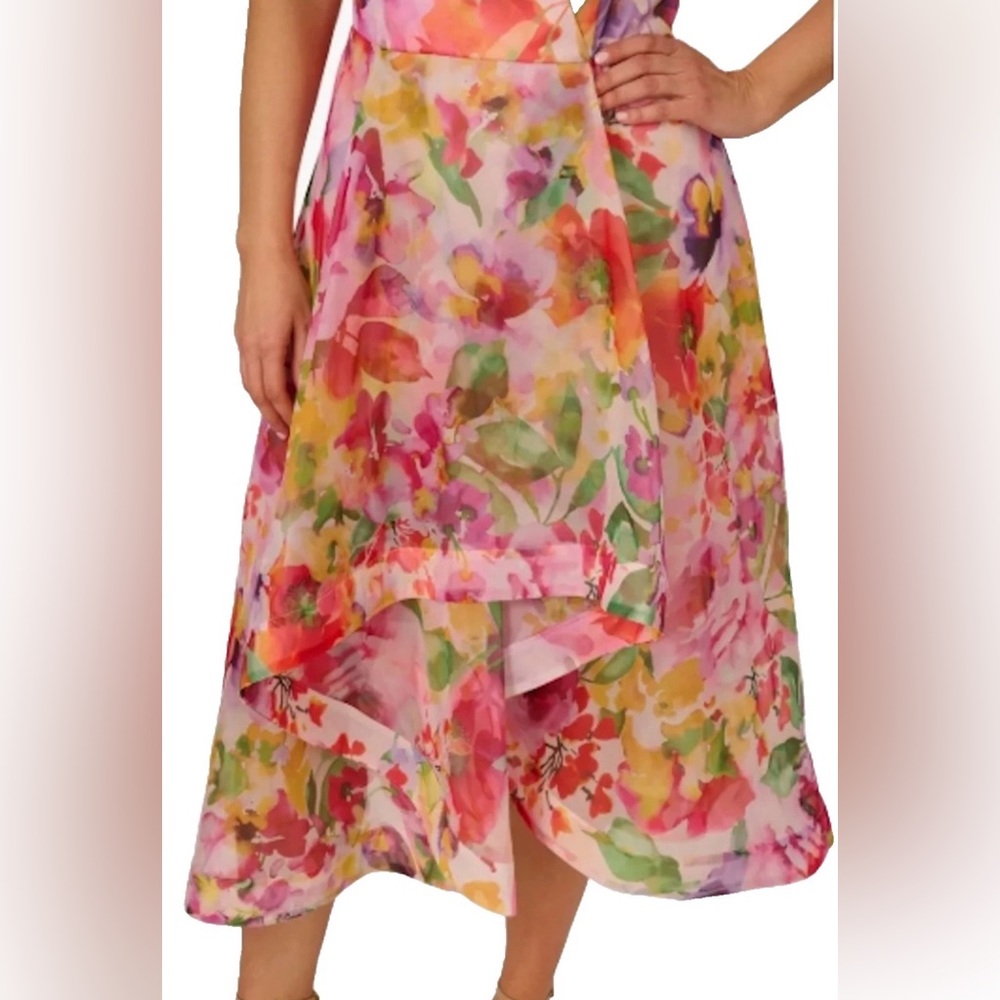 NEW Womens Plus 14W Adrianna Papell Print High-Low Midi Dress Pink Multi $259 - Picture 4 of 12